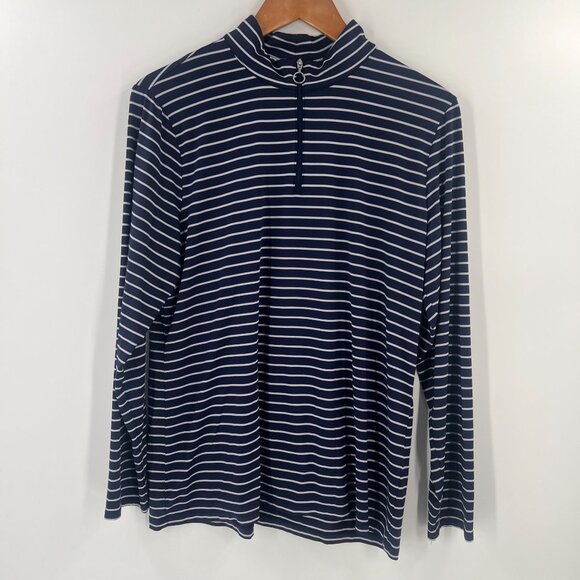 Weekends by Chico's Size 2 (L/12) Stripe Mock Neck Top Navy Blue Stripe 1/4 Zip - Picture 9 of 9